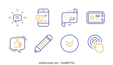 Sms, Target path and Smartphone notification line icons set. Pencil, Safe box and Like signs. Scroll down, Click symbols. Conversation, Business aim. Technology set. Line sms icon. Vector