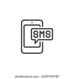 SMS Icono de línea de texto. signo de estilo lineal para concepto móvil y diseño web. Teléfono móvil con un mensaje de texto de burbuja de contorno de vector icono. Símbolo, ilustración del logotipo. Gráficos vectoriales