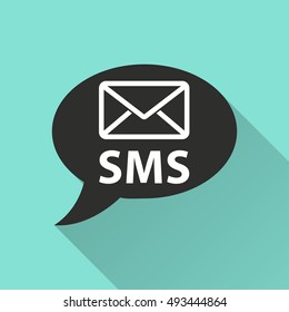 SMS vector icon with long shadow. Illustration isolated on green background for graphic and web design.
