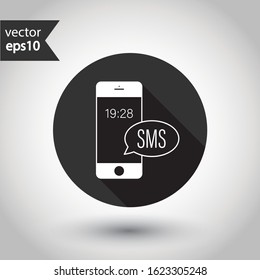 SMS vector icon. Mobile phone  SMS vector sign. Bubble chat SMS symbol. EPS 10. Round icon design with shadow