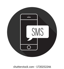 SMS vector icon. Mobile phone SMS flat sign design. Bubble chat SMS symbol. EPS 10. Round icon pictogram with shadow