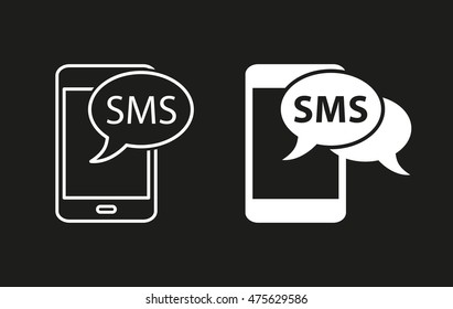 SMS vector icon. White illustration isolated on black background for graphic and web design.