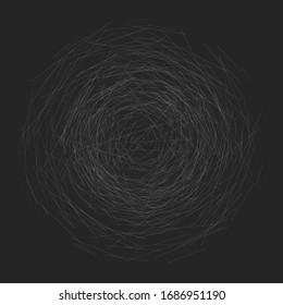Smudge, smear, grungy monochrome, black and white volute, vortex shape. Twisted helix element. Rotation, spin and twist concept design. Abstract greyscale spiral, swirl, twirl illustration