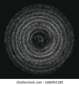 Smudge, smear, grungy monochrome, black and white volute, vortex shape. Twisted helix element. Rotation, spin and twist concept design. Abstract greyscale spiral, swirl, twirl illustration