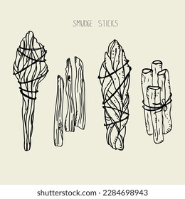 Smudge sticks. Spiritual rituals. Illustration with sage,white sage, Palo Santo sacred plant, aromatherapy sticks, plants.Lifestyle. Mystical hand-drawn set with aroma incense. Vector