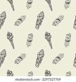 Smudge sticks. Spiritual rituals. Seamless pattern Illustration with sage,white sage, Palo Santo sacred plant, aromatherapy sticks, plants. Mystical hand-drawn background with aroma incense. Vector