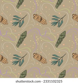 Smudge sticks spiritual rituals Seamless pattern Illustration with sage,white sage, Palo Santo sacred plant, aromatherapy sticks, plants. Mystical hand drawn boho background with aroma incense.