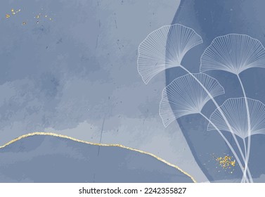 Smudge watercolor textured blue background with ginkgo leaf line art vector
