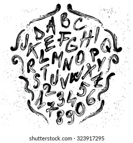 Smudged brush vector alphabet with numbers. Each element is grouped separately.