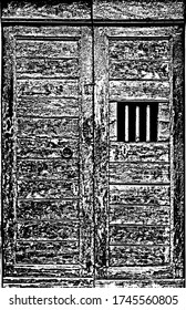Smudged dirty broken lumber leafs. Rough uneven surface texture of cracked shabby wooden panel in rural town. Fractured rotten doorway. Flaky structure scary gate. Backdrop of rustic decayed stall