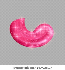 Smudged Pink lipstick isolated on transparent background with a glittering texture. Realistic vector illustration