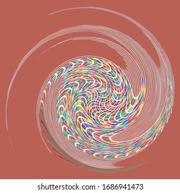 Smudged, smeared creamy single mottled, multi-color and colorful spiral, swirl, twirl element. Twisted cyclic, circular and radial, radiating whorl, volute shape over colored backdrop, background