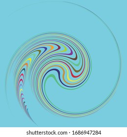 Smudged, smeared creamy single mottled, multi-color and colorful spiral, swirl, twirl element. Twisted cyclic, circular and radial, radiating whorl, volute shape over colored backdrop, background