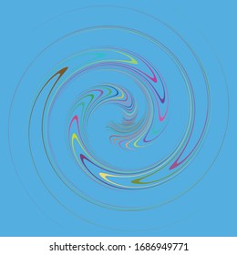 Smudged, smeared creamy single mottled, multi-color and colorful spiral, swirl, twirl element. Twisted cyclic, circular and radial, radiating whorl, volute shape over colored backdrop, background