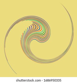 Smudged, smeared creamy single mottled, multi-color and colorful spiral, swirl, twirl element. Twisted cyclic, circular and radial, radiating whorl, volute shape over colored backdrop, background