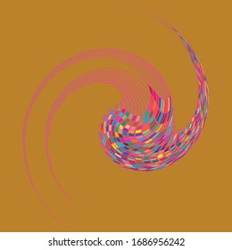 Smudged, smeared creamy single mottled, multi-color and colorful spiral, swirl, twirl element. Twisted cyclic, circular and radial, radiating whorl, volute shape over colored backdrop, background