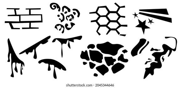 Mudos de pintura y manchas, patrones simples con ladrillo, peine de miel, piedras y salpicaduras. Conjunto de elementos de diseño aislados en fondo blanco. Utilícelo para rellenar elementos de grafiti con patrones. Vector EPS10 