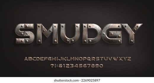 Smudgy alphabet font. Rust metal letters and numbers with rivets. Stock vector typeface for your typography design.