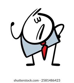 Smug boss gives orders, commands, and condemns. Vector illustration of an unpleasant man in a business suit at work in an office. Isolated funny character on white background.