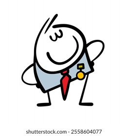 Smug businessman received a medal of merit. Vector illustration of cartoon man at work in business has achieved success. Funny stickman is proud to win. Isolated character on white background.