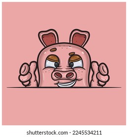 Smug Face Expression With Pig Cartoon. Vector and Illustration