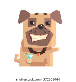 Smug Little Pet Pug Dog Puppy With Collar Drinking Martini Cocktail Emoji Cartoon Illustration