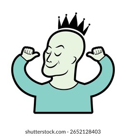 Homem de caneca com uma coroa em sua cabeça ilustração vetor. Narcisista em estilo cartoon. Ícone de cara egoísta isolado em um fundo branco. Homem argentino desenho de caricatura engraçado
