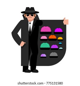 Smuggler selling Brains. Cloak-seller isolated. Dealer in hat and coat . Bootlegger. Seller prohibited goods of black marke. Legitimate trade. Vector illustration
