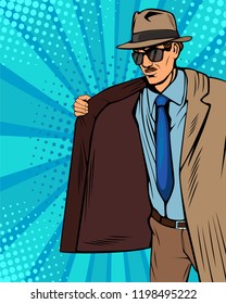 Smuggler is selling illegally on black market. Cloak-seller. Dealer in hat and coat . Bootlegger. Vector illustration in pop art retro comic style. 