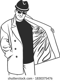 Smuggler selling something. Cloak-seller isolated. Dealer in hat and coat . Bootlegger. Seller prohibited goods of black marke. Flat vector illustration.