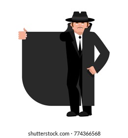 Smuggler selling something. Cloak-seller isolated. Dealer in hat and coat . Bootlegger. Seller prohibited goods of black marke. Legitimate trade. Vector illustration
