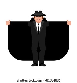 Smuggler selling something. Cloak-seller isolated. Dealer in hat and coat . Bootlegger. Seller prohibited goods of black marke. Legitimate trade. Vector illustration
