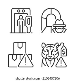 Smugglers activities prevention linear icons set. Smuggling tunnel. Border security. Customizable thin line contour symbols. Isolated vector outline illustrations. Editable stroke. Pixel perfect