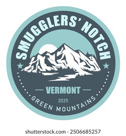 Smugglers Notch stamp, resort in Green Mountains in Vermont, Mount Mansfield emblem with snow covered peaks, vector