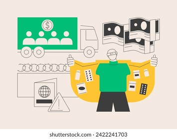 Smuggling abstract concept vector illustration. Illegal goods transportation, people trafficking, illicit transfer, immigration with fake documents, crossing border, contraband abstract metaphor.