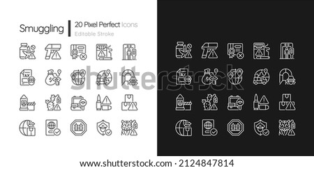 Smuggling linear icons set for dark and light mode. Illicit drug trade. Customizable thin line symbols. Isolated vector outline illustrations. Editable stroke. Pixel perfect. Quicksand-Light font used