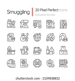 Ajustando iconos lineales. Importación y exportación ilegales. Símbolos de contorno de línea delgada personalizables. Ilustraciones aisladas del contorno vectorial. Trazo editable. Pixel perfecto. Tipo de letra rápido y ligero utilizado