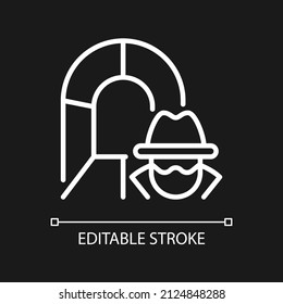 Smuggling tunnel white linear icon for dark theme. Drugs trade. Thin line customizable illustration. Isolated vector contour symbol for night mode. Editable stroke. Pixel perfect. Arial font used