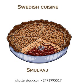 Smulpaj - Un pastel de crumble sueco hecho con un relleno de frutas y un relleno crujiente de crumble. Ilustración vectorial dibujada a mano