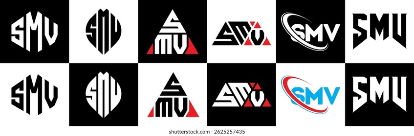 SMV letter logo design in six style. SMV polygon, circle, triangle, hexagon, flat and simple style with black and white color variation letter logo set in one artboard. SMV minimalist and classic logo