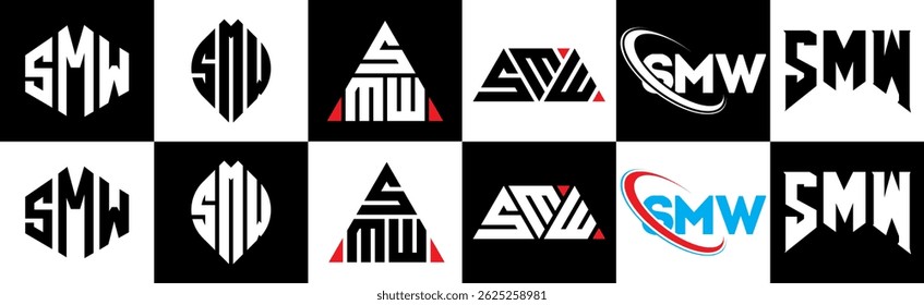 SMW letter logo design in six style. SMW polygon, circle, triangle, hexagon, flat and simple style with black and white color variation letter logo set in one artboard. SMW minimalist and classic logo