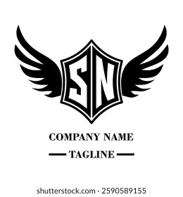 SN bold shield logo with wings, customizable with letters A to Z. Perfect for brands seeking a powerful symbol of strength, freedom, and ambition