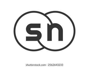 SN business company emblem with outline rounds and letters s n. Logo template of two merged circles for brand identity, logotype. Vector Infinity symbol  and technology sign.