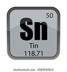 Sn element tile. Tin name display. Vector number 50. Atomic 118.71 mass.