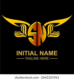 SN Golden Wing Emblem Logo with elegant gold wings, sleek and modern design. Ideal for branding, creative projects, luxury businesses, or artistic ventures.