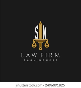 SN initial monogram for lawfirm logo with sword and scale