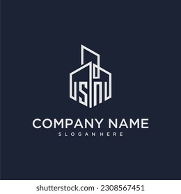 SN initial monogram logo for real estate with building style