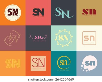 SN logo company template. Letter s and n logotype. Set different classic serif lettering and modern bold text with design elements. Initial font typography. Collection trendy business identity.