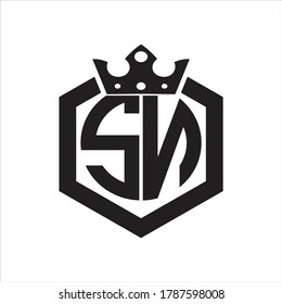 SN Logo monogram rounded by hexagon shape with crown design template on white background