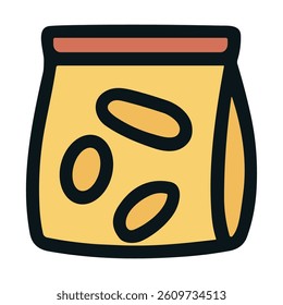 Snack bag icon, cartoon style, yellow packaging with oval snacks inside.